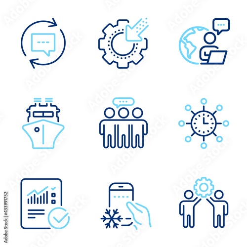 Technology icons set. Included icon as Employees group, Ship, Update comments signs. World time, Employees teamwork, Checked calculation symbols. Refrigerator app, Seo gear line icons. Vector