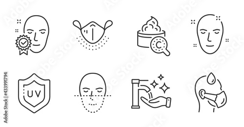 Sick man, Health skin and Medical mask line icons set. Collagen skin, Uv protection and Washing hands signs. Face verified, Face recognition symbols. Quality line icons. Sick man badge. Vector