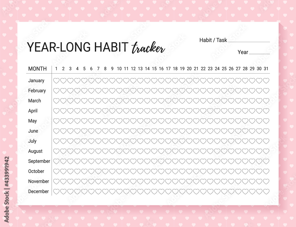 Habit tracker. Template year-long habit diary. Journal planner with bullets. Vector illustration. Goal list on background with hearts. Simple design. Horizontal, landscape orientation. Paper size A4 Habit tracker. Template year-long habit diary. Journal planner with bullets. Vector illustration. Goal list on background with hearts. Simple design. Horizontal, landscape orientation. Paper size A4