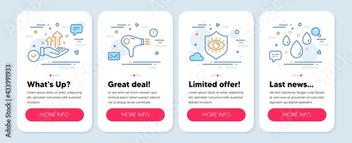 Set of Business icons, such as Eye protection, Hair dryer, Analysis graph symbols. Mobile screen banners. Rainy weather line icons. Optometry, Hairdryer, Targeting chart. Water drop. Vector