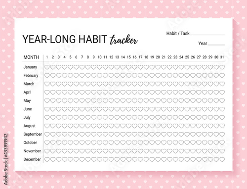 Habit tracker. Template year-long habit diary. Journal planner with bullets. Vector illustration. Goal list on background with hearts. Simple design. Horizontal, landscape orientation. Paper size A4