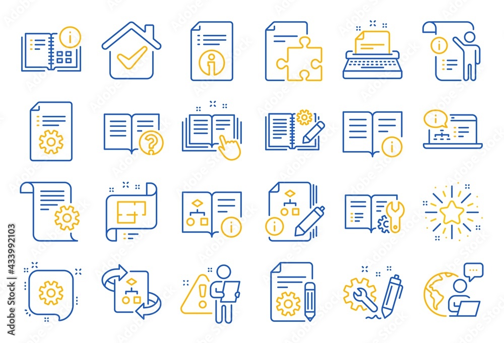 Technical document line icons. Set of Instruction, Plan and Manual icons. Help document, Building plan and Algorithm symbols. Technical blueprint, Engineering instruction, Work tool, building. Vector Technical document line icons. Set of Instruction, Plan and Manual icons. Help document, Building plan and Algorithm symbols. Technical blueprint, Engineering instruction, Work tool, building. Vector