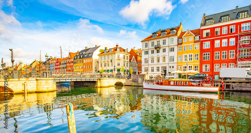 Panoramic view of Nyhavn harbour in Copenhagen, Denmark