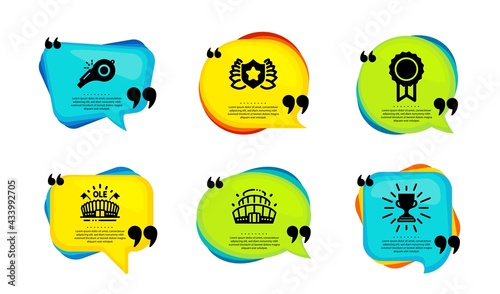 Reward, Laureate and Whistle icons simple set. Speech bubble with quotes. Arena stadium, Sports arena and Trophy signs. Best medal, Award shield, Kick-off. Vector