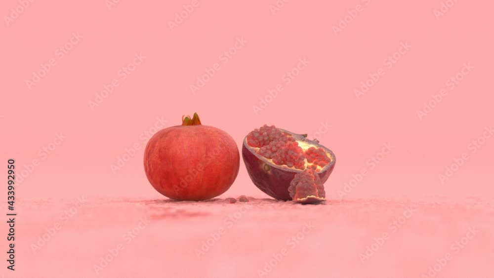 pomegranate fruit on a red background in splashes of water, 3d animation