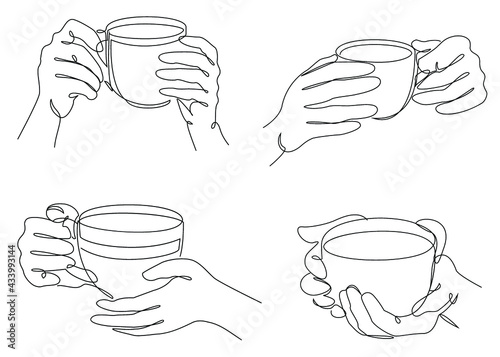 Collection. Silhouette of man hands with a cup of coffee, tea in a modern one line style. Solid line, aesthetic outline for decor, posters, stickers, logo. Vector illustration set.