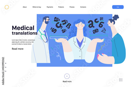 Medical translations - medical insurance web template. Modern flat vector