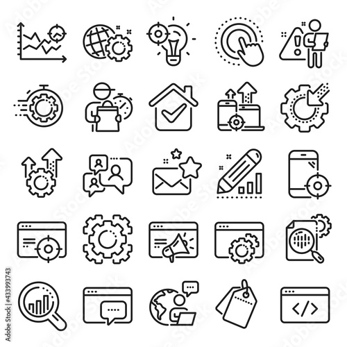 Seo line icons. Website stats, Target and Increase sales signs. Traffic management, social network and seo optimization icons. Gear wheel, Search engine and increase mobile sales. Vector