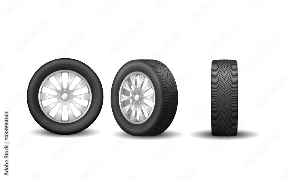 Auto rim wheel set, side and front view. Modern rubber tires and automotive alloy disks realistic