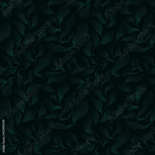 dark emerald leaves seamless pattern with grunge structure, hand drawn clipart, colorful wallpaper