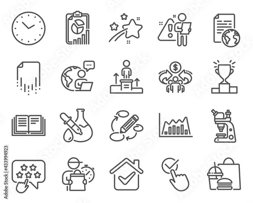 Education icons set. Included icon as Sharing economy, Winner podium, Chemistry experiment signs. Microscope, Internet document, Infographic graph symbols. Keywords, Business podium, Time. Vector