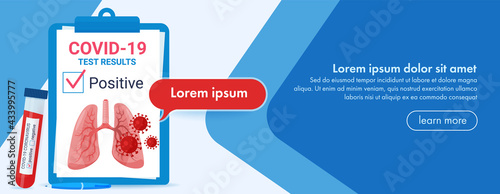 The concept of testing document confirming the coronavirus test with a positive result. Abstract blue banner for a website. Medical infographic.