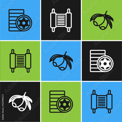Set line Jewish coin, Olives branch and Torah scroll icon. Vector
