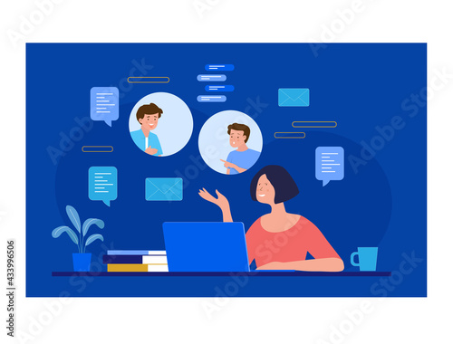 Worker using computer for collective virtual meeting and group video conference. Woman at desktop chatting with friends online. Vector illustration for video conference, remote work, technology 
