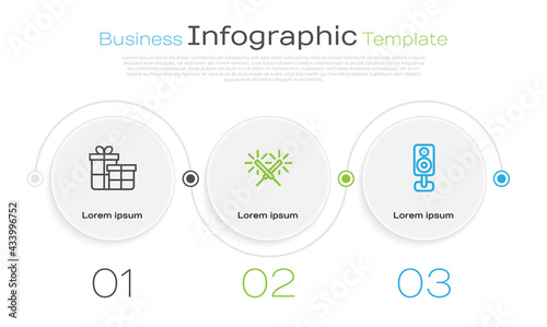 Set line Gift box, Sparkler firework and Stereo speaker. Business infographic template. Vector