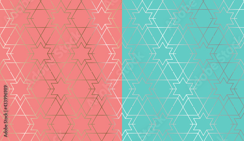 Vector Line Drawing Retro David Star Monochrome Seamless Pattern with Gold Foiling Effect.
