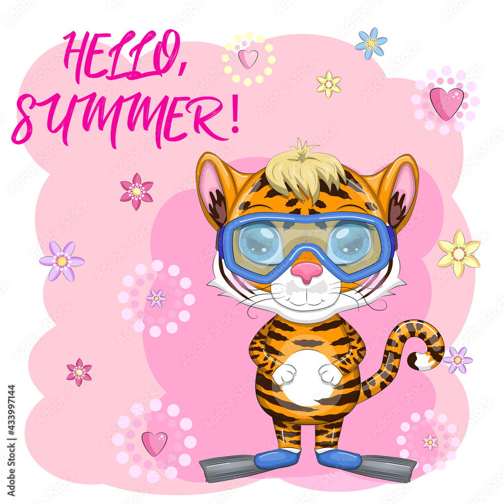 Fototapeta premium Cartoon tiger wearing goggles and swimming flippers, Summer is coming. Vacation, sea, rest. Children's stylistics, cute. Symbol of 2022