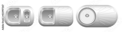 Stainless kitchen sinks set, realistic top view. Empty steel wash bowls with drain, utensil drainer