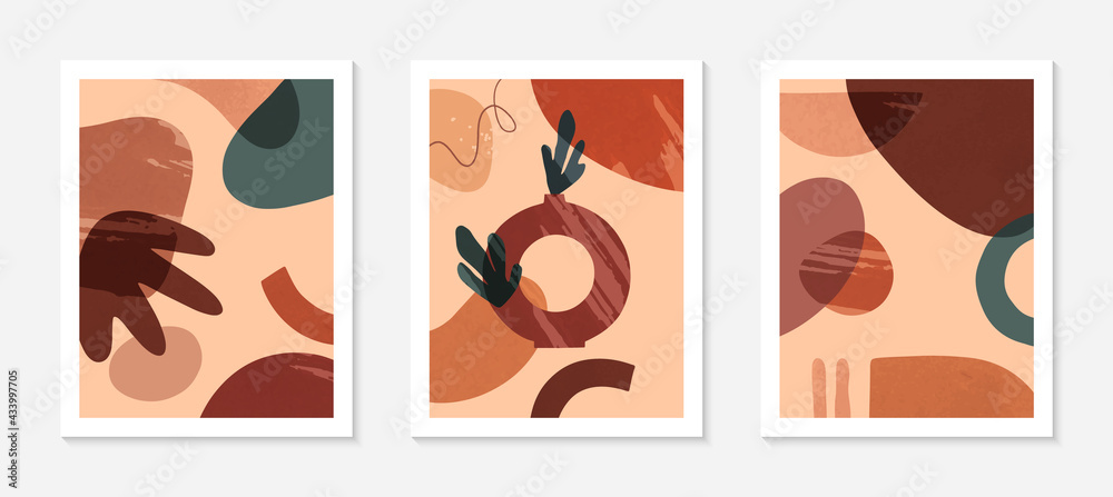 Set of modern abstract vector illustrations with vases,organic various shapes and textures.Boho watercolor wall art decor.Trendy artistic designs for banners;social media,covers,wallpaper.