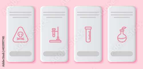 Set line Triangle warning toxic, Test tube flask on fire, and and Plant breeding. White rectangle button. Vector