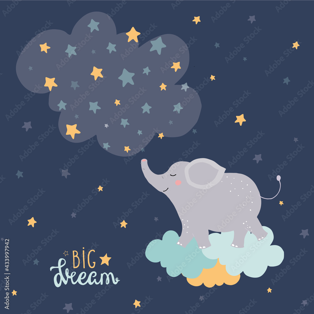 Kids poster cute character elephant flies on the clouds and stars. Text big dream. Kids wallpaper. Сhildren's print art. Dark night, yellow stars, blue clouds. Vector illustration. Doodle style.