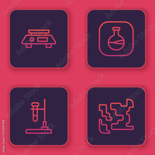 Set line Electronic scales, Test tube flask fire, and and Gaseous. Blue square button. Vector