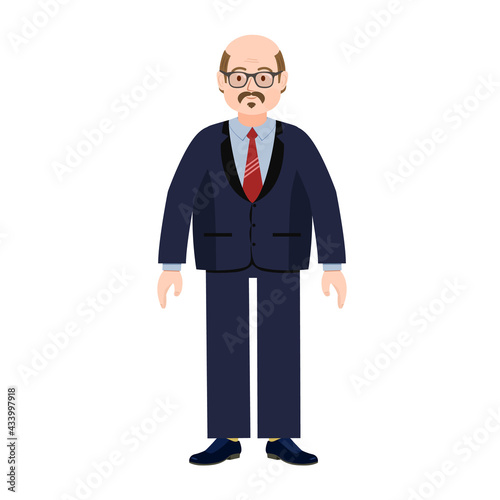  A fat man in a suit. A solid man. Overweight. Vector illustration of a person for animation. Editable strokes. Editable movements. A bald old man.
