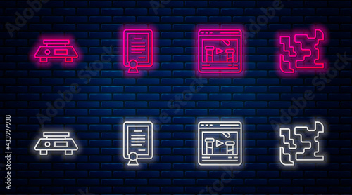 Set line Certificate template, Chemical online, Electronic scales and Gaseous. Glowing neon icon on brick wall. Vector