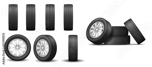 Set of track tires and rubber wheels for car isolated elements in realistic design