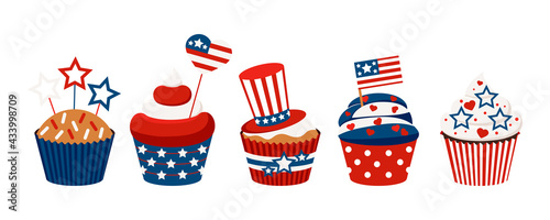 4th of July cupcakes set sweets food. USA happy independence day icing muffin with red and blue stars, flag, cylinder hat. Flat design cartoon holiday dessert vector clip art illustration.
