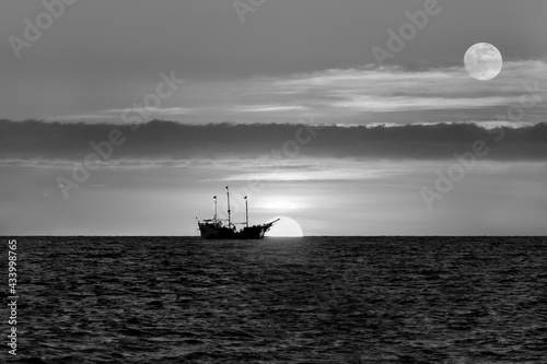 Sunset Pirate Ship Ocean Fantasy Black And White