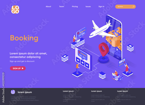 Booking isometric landing page. Travel application for ticket orders, hotel search, review and reservation isometry web page. Flight booking flat website. Vector illustration with people characters.