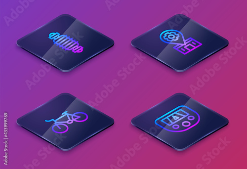 Set Isometric line Bicycle suspension, , repair service and Gps device with map. Blue square button. Vector