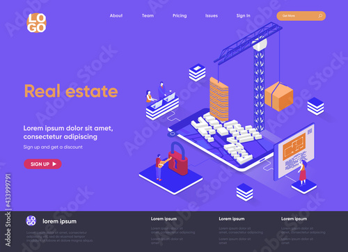 Real estate isometric landing page. Residential and commercial real estate property, engineering and construction isometry web page. Website flat template, vector illustration with people characters.