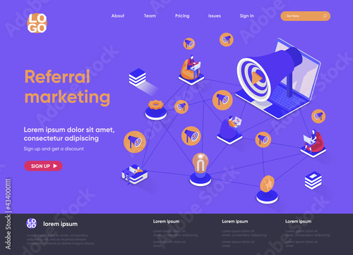 Referral marketing isometric landing page. Promoting in social media, attraction of new customers, referral program isometry web page. Website flat template, vector illustration with people characters