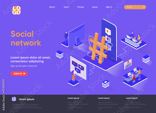 Social network isometric landing page. Internet community communication, social media content sharing, posting message isometry web page. Website flat vector illustration with people characters.