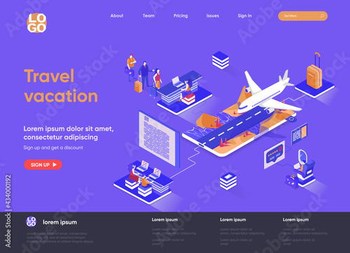 Travel vacation isometric landing page. Web solution for trip organization, online check-in, flight booking service isometry web page. Website flat template, vector illustration with people characters
