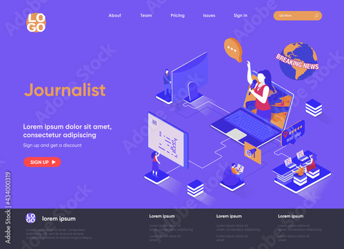 Journalist isometric landing page. Breaking news reportage, online interview, tv broadcasting, live press release isometry web page. Website flat template, vector illustration with people characters.