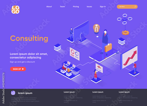 Consulting isometric landing page. Competent business expertise and law assistance, financial audit and accounting isometry web page. Website flat template, vector illustration with people characters.
