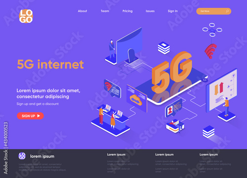 5G internet isometric landing page. Mobile telecommunication, 5G generation technology standard, cellular networks isometry web page. Website flat template, vector illustration with people characters.