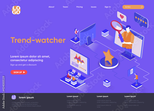 Trend-watcher isometric landing page. Professional trend watching occupation, marketing research and analyse isometry web page. Website flat template, vector illustration with people characters.