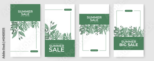 Vector set of social media stories design templates, backgrounds with copy space for text - green floral summer backgrounds for banner, greeting card, poster and advertising