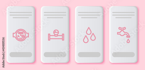 Set line Water meter, Industry pipe and manometer, drop and tap. White rectangle button. Vector