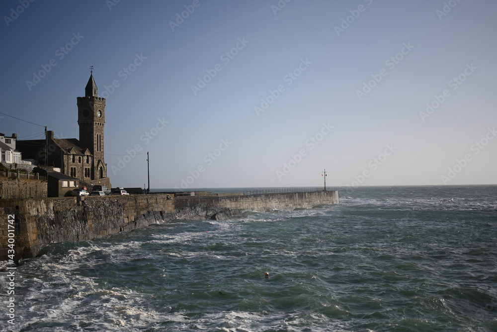 Seafront or ocean view church, sea wall with a church looking out to the ocean