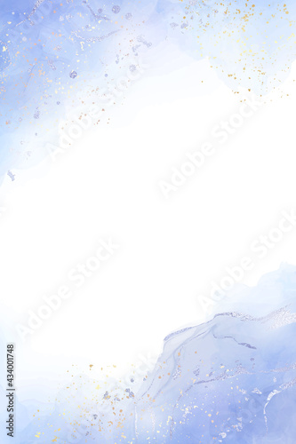 Abstract dusty blue liquid watercolor background with golden splatter and metallic foil stains. Pastel marble alcohol ink drawing effect. Vector illustration design template for wedding invitation