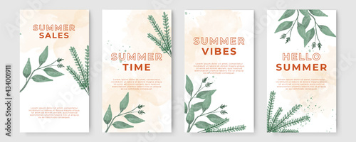 Summer stories concept for social media with floral. Bright summer banner set with palm branch, tropical leaves. Story concept. Product catalog, discount voucher, advertising.