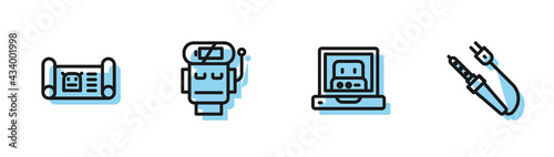 Set line Creating robot, Robot blueprint, low battery charge and Soldering iron icon. Vector