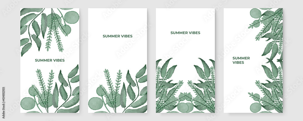 Fototapeta Summer stories concept for social media with floral. Bright summer banner set with palm branch, tropical leaves. Story concept. Product catalog, discount voucher, advertising.