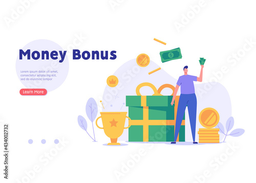 Man getting an award and bonus money. Happy businessman receiving reward and standing near the gift box. Concept of money bonus, reward program, cash back. Vector illustration in flat design.