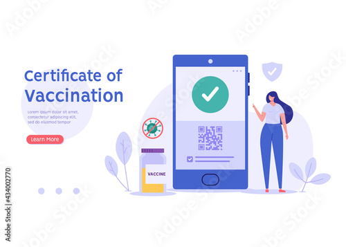 Woman using health passport of vaccination for covid-19. Safe travel in pandemic. Concept of vaccination certificate, coronavirus vaccine, covid-19 id card app. Vector illustration for web design © Aleksandr